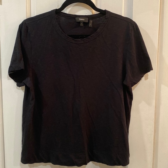 Theory Black Womens Cropped Crewneck Short Sleeves T-Shirt SZ L - Picture 1 of 3